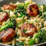 Chicken Sausage and Broccoli Orzo cooked in one pan with golden-browned sausage, tender broccoli, and creamy orzo pasta.