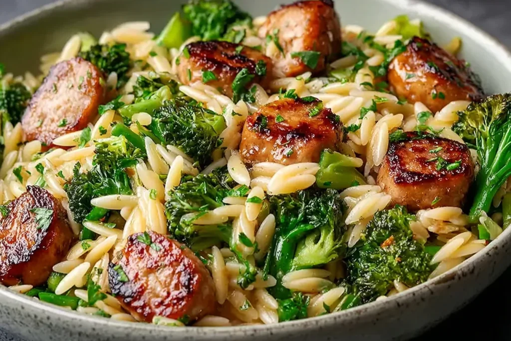 Chicken Sausage and Broccoli Orzo served in a skillet with crispy browned sausage, tender broccoli florets, and perfectly cooked orzo pasta.