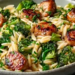 Chicken Sausage and Broccoli Orzo served in a skillet with crispy browned sausage, tender broccoli florets, and perfectly cooked orzo pasta.