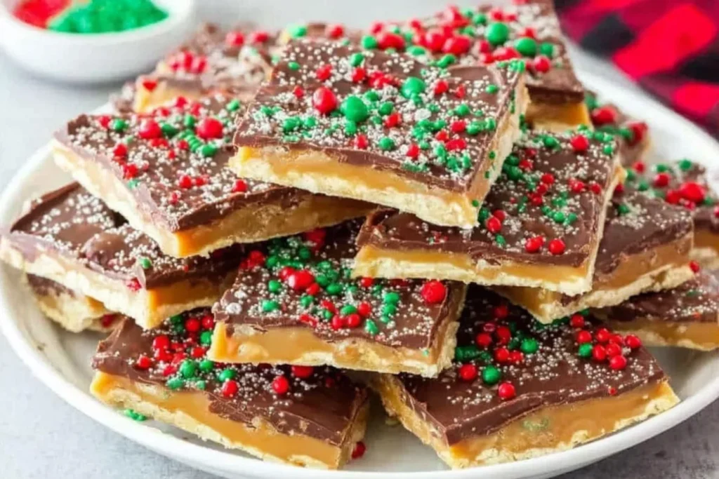 Christmas Crack stacked on a white plate with chocolate, toffee layers, and festive red and green sprinkles