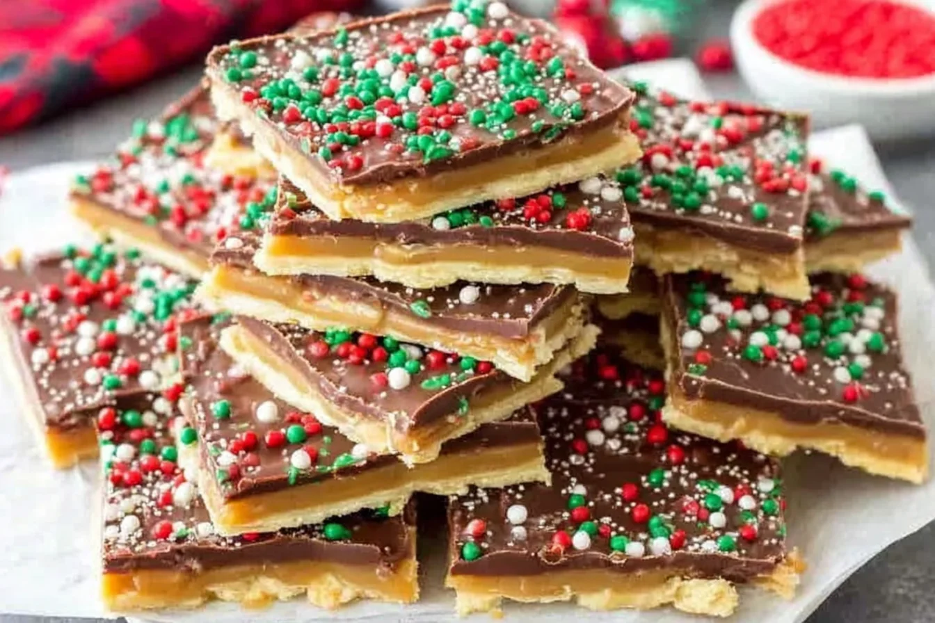 Christmas Crack topped with festive red, green, and white sprinkles stacked on a platter