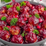 Christmas Cranberry Meatballs in a glossy cranberry sauce garnished with fresh parsley, served in a bowl for a festive holiday dish.