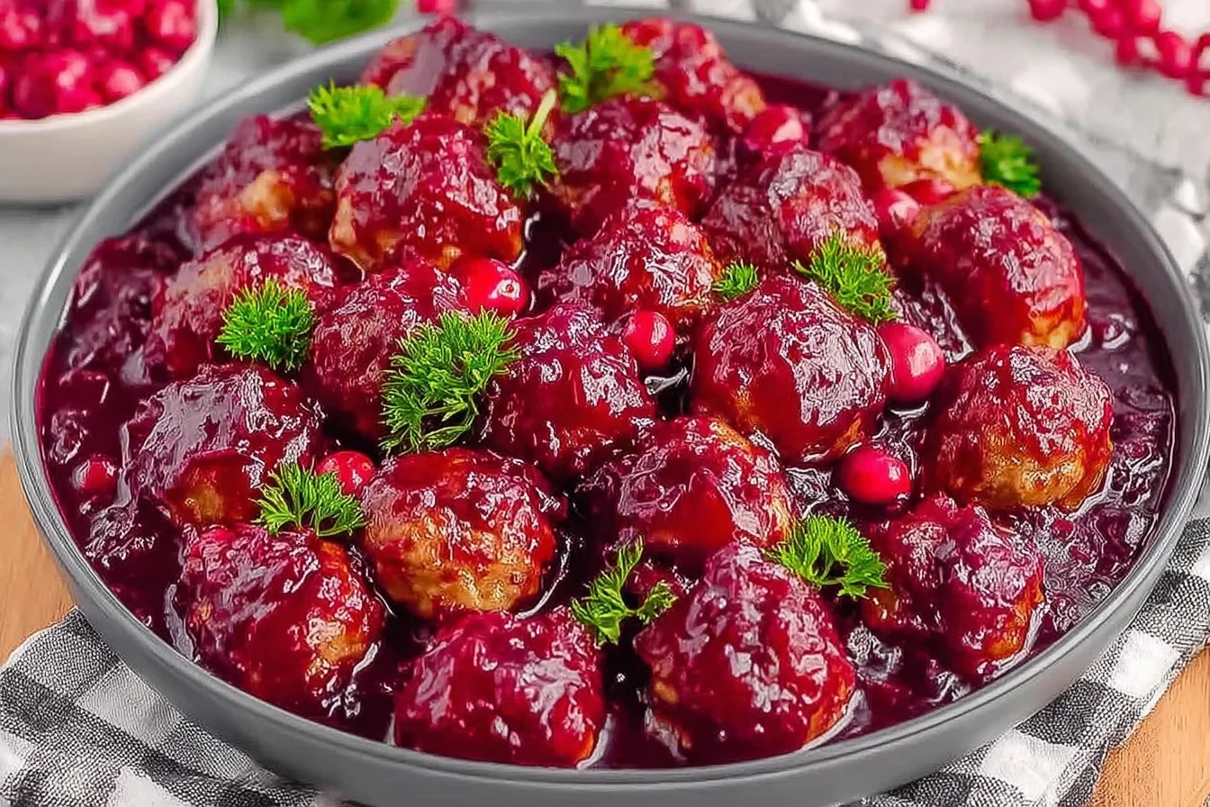 Christmas Cranberry Meatballs in a glossy cranberry sauce garnished with fresh parsley, served in a bowl for a festive holiday dish.