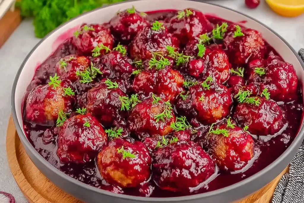 Christmas Cranberry Meatballs coated in a rich, glossy cranberry sauce and topped with fresh herbs in a festive serving bowl.