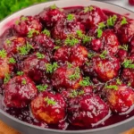 Christmas Cranberry Meatballs coated in a rich, glossy cranberry sauce and topped with fresh herbs in a festive serving bowl.