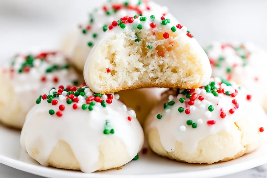 Soft Italian Christmas Cookies topped with white icing and colorful holiday sprinkles, with one cookie showing a tender, fluffy interior.