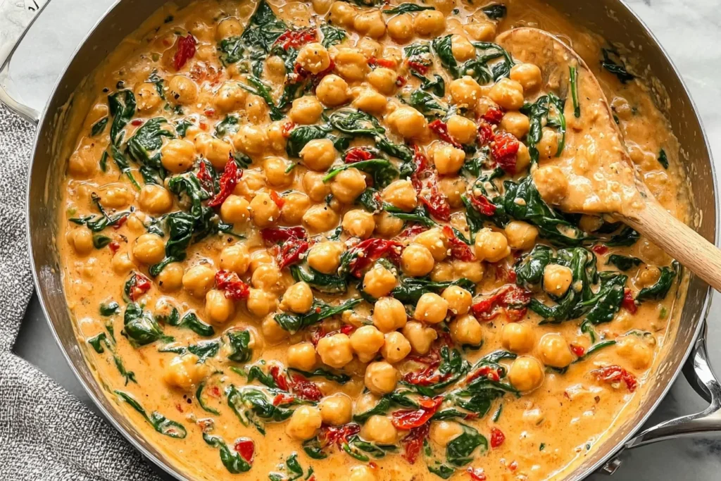 Creamy Marry Me Chickpeas simmering with spinach and sun-dried tomatoes in a skillet.