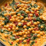 Creamy Marry Me Chickpeas simmering with spinach and sun-dried tomatoes in a skillet.