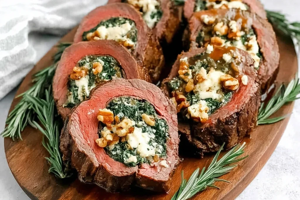Christmas Stuffed Beef Tenderloin sliced and served on a wooden board with rosemary, showing tender meat and festive spinach-and-cheese filling.
