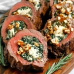 Christmas Stuffed Beef Tenderloin sliced and served on a wooden board with rosemary, showing tender meat and festive spinach-and-cheese filling.