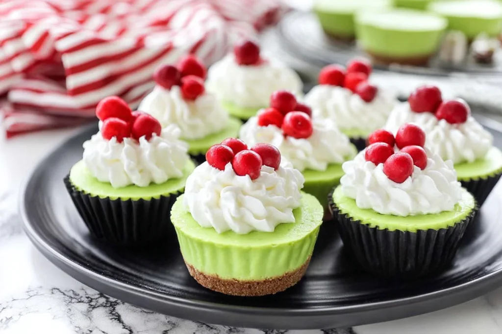 Holiday Grinch Mini Cheesecakes topped with whipped cream and red candies on a black plate for a festive Christmas dessert.