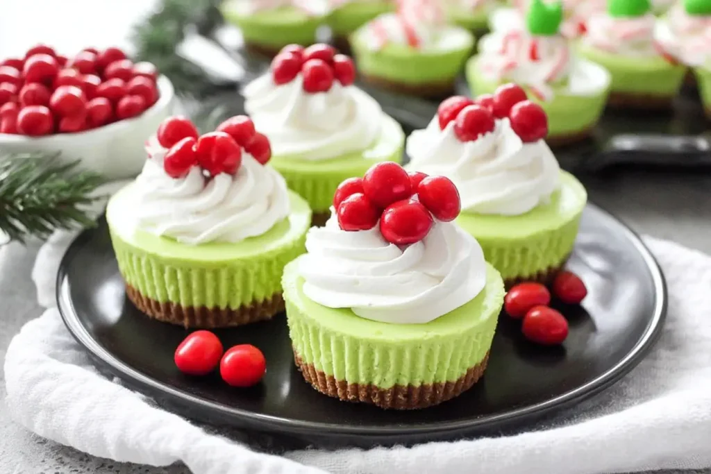 Festive Grinch Mini Cheesecakes with whipped cream and red candy topping on a black plate for a bright Christmas dessert.