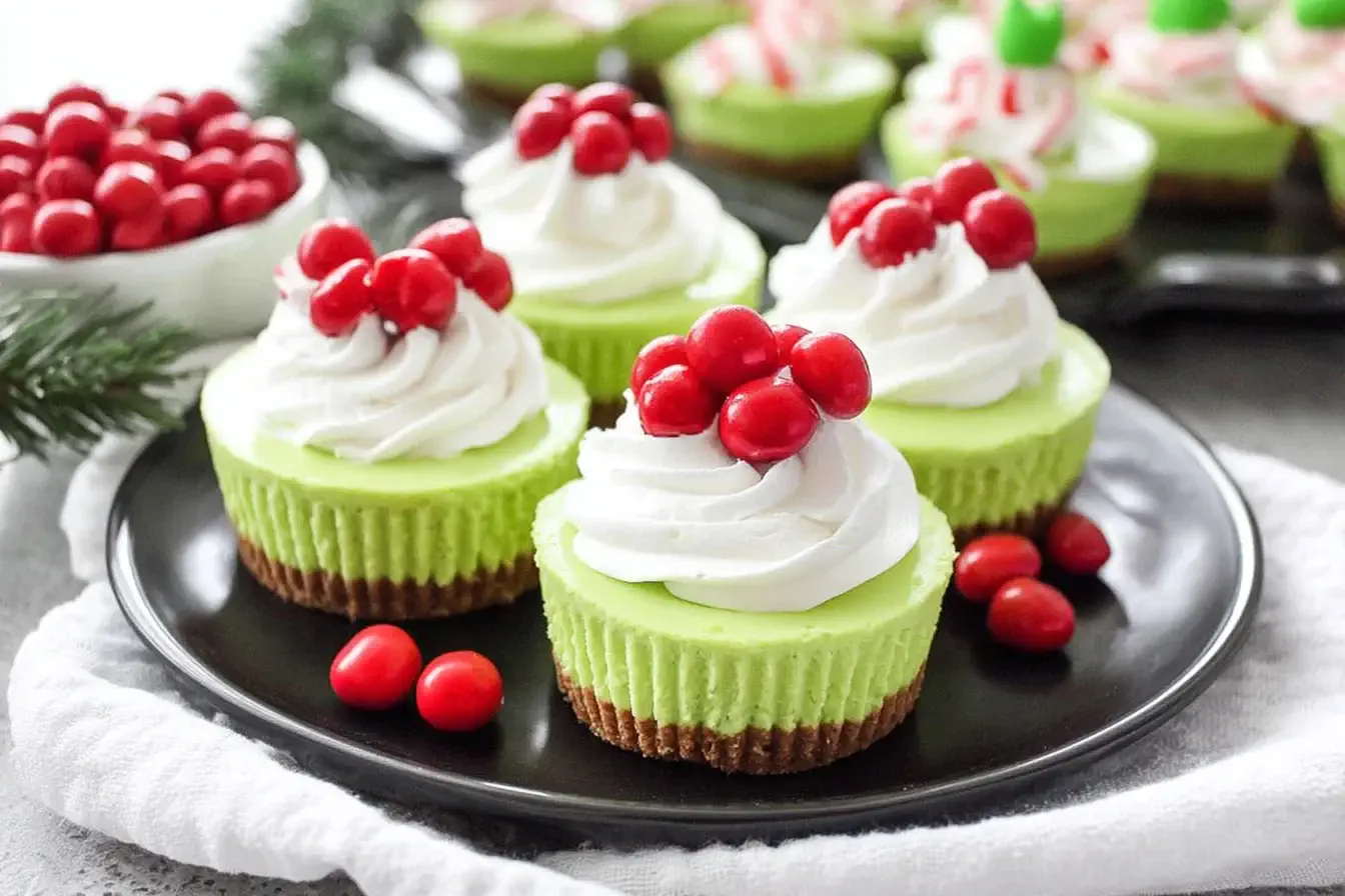 Festive Grinch Mini Cheesecakes with whipped cream and red candy topping on a black plate for a bright Christmas dessert.