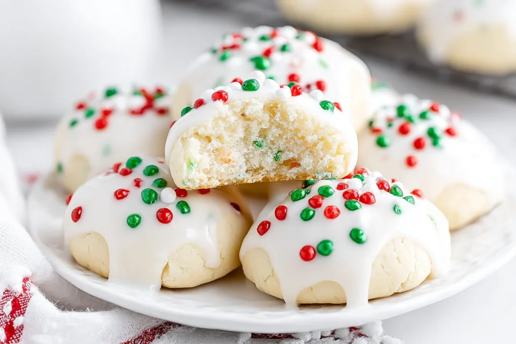 Soft Italian Christmas Cookies topped with white glaze and festive red and green sprinkles on a plate.