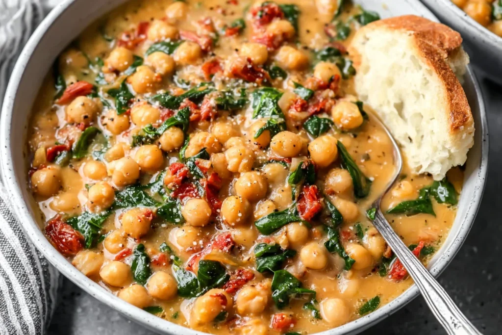 Bowl of creamy Marry Me Chickpeas with spinach, sun-dried tomatoes, and crusty bread.