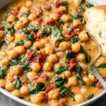 Bowl of creamy Marry Me Chickpeas with spinach, sun-dried tomatoes, and crusty bread.