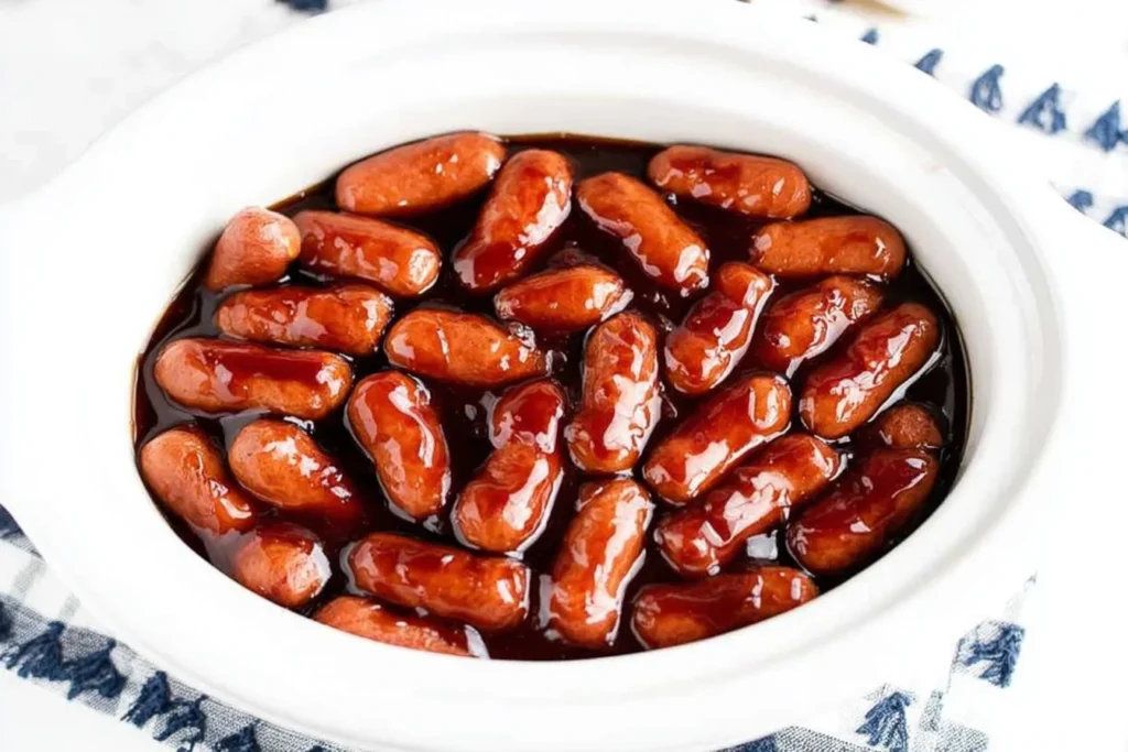 Lil Smokies Recipe cooked in a crockpot with sweet BBQ sauce, glossy and perfectly coated for an easy party appetizer