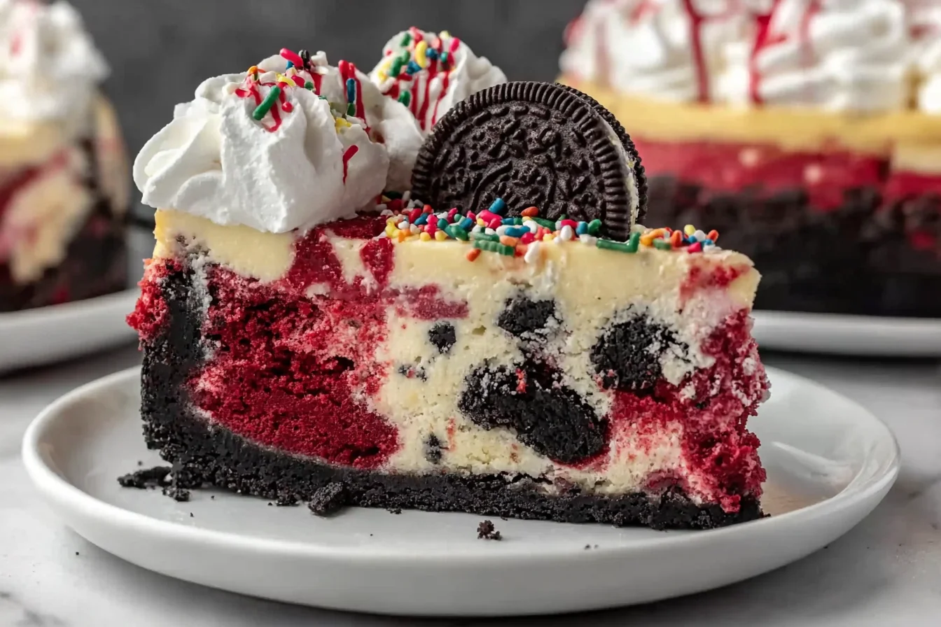 Slice of Christmas Red Velvet Cheesecake with Oreo crust, creamy vanilla cheesecake, red velvet swirls, whipped cream, rainbow sprinkles, and an Oreo cookie on top.