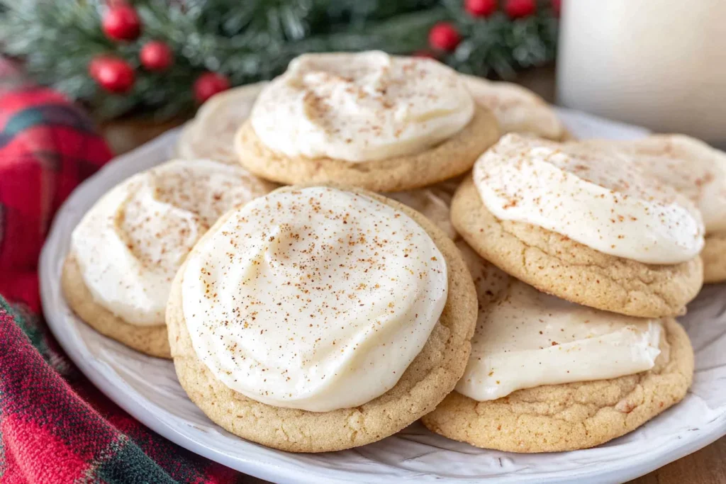 Soft Eggnog Cookies topped with creamy eggnog frosting and a light dusting of nutmeg, served on a festive holiday plate.