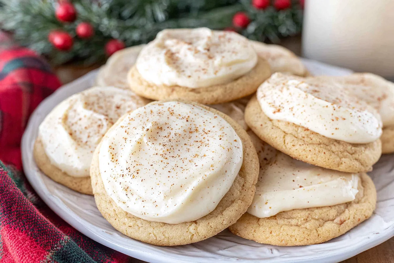 Soft Eggnog Cookies topped with creamy eggnog frosting and a light dusting of nutmeg, served on a festive holiday plate.