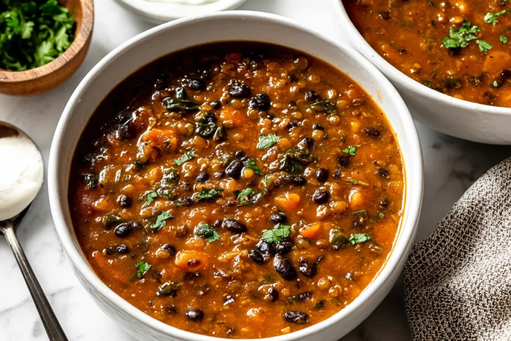 Black Bean and Lentil Soup in a white bowl, thick and hearty with black beans, lentils, carrots, and herbs on a marble surface.