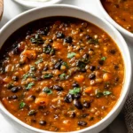 Black Bean and Lentil Soup in a white bowl, thick and hearty with black beans, lentils, carrots, and herbs on a marble surface.