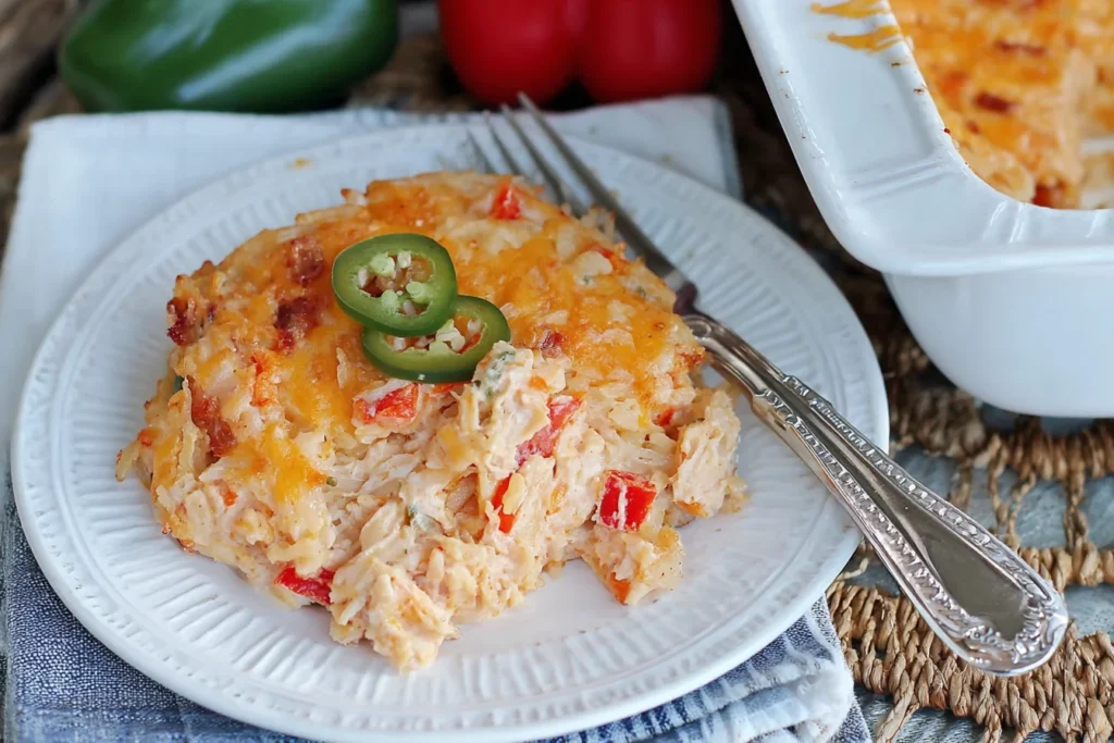 Plate of creamy Pimento Cheese Hash Brown Casserole topped with sliced jalapeños, showing its cheesy texture and baked golden edges.