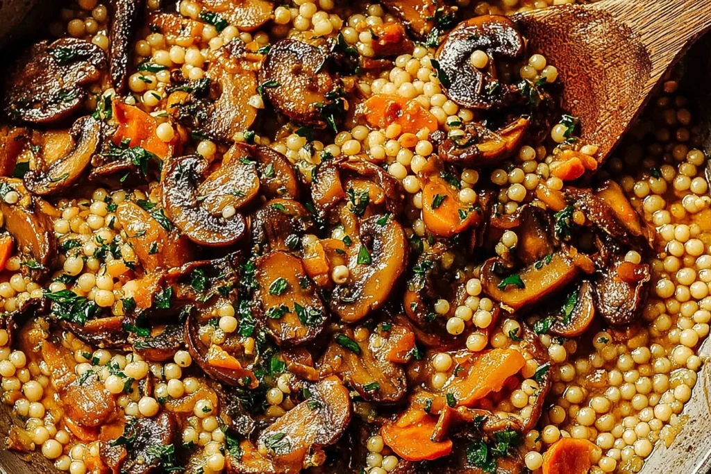 Close-up of Pearl Couscous with Mushrooms showing tender pearl couscous mixed with caramelized mushrooms, herbs, and vegetables in a rich, savory sauce.