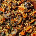 Close-up of Pearl Couscous with Mushrooms showing tender pearl couscous mixed with caramelized mushrooms, herbs, and vegetables in a rich, savory sauce.