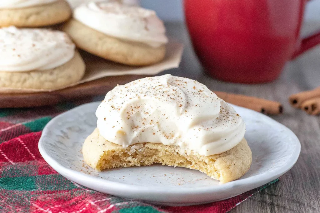Bitten Eggnog Cookies topped with creamy eggnog frosting and nutmeg, showing a soft, tender center on a festive holiday plate.