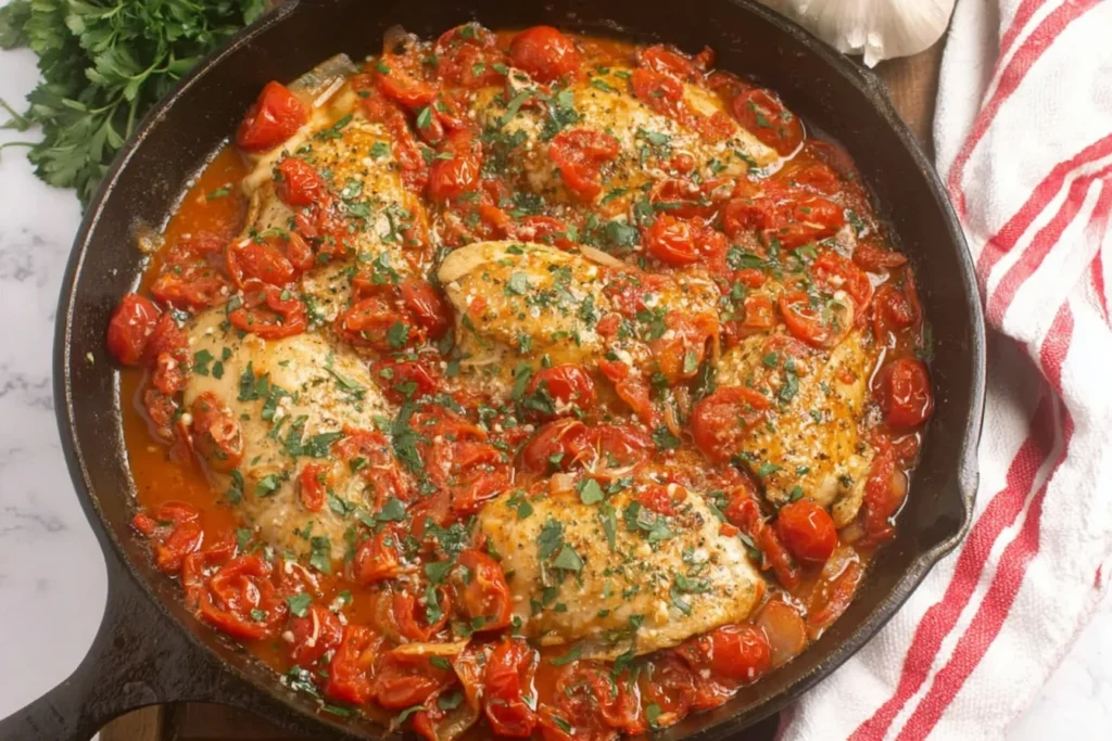 Healthy Chicken Pomodoro Skillet in a cast-iron pan with tender chicken breasts, burst grape tomatoes, garlic, and herbs in a vibrant tomato sauce.