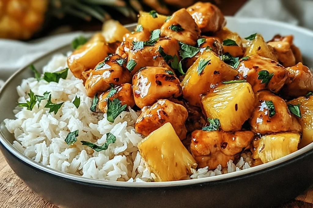 Pineapple Chicken and Rice in a bowl with glazed chicken pieces, golden pineapple chunks, fresh herbs, and fluffy white rice