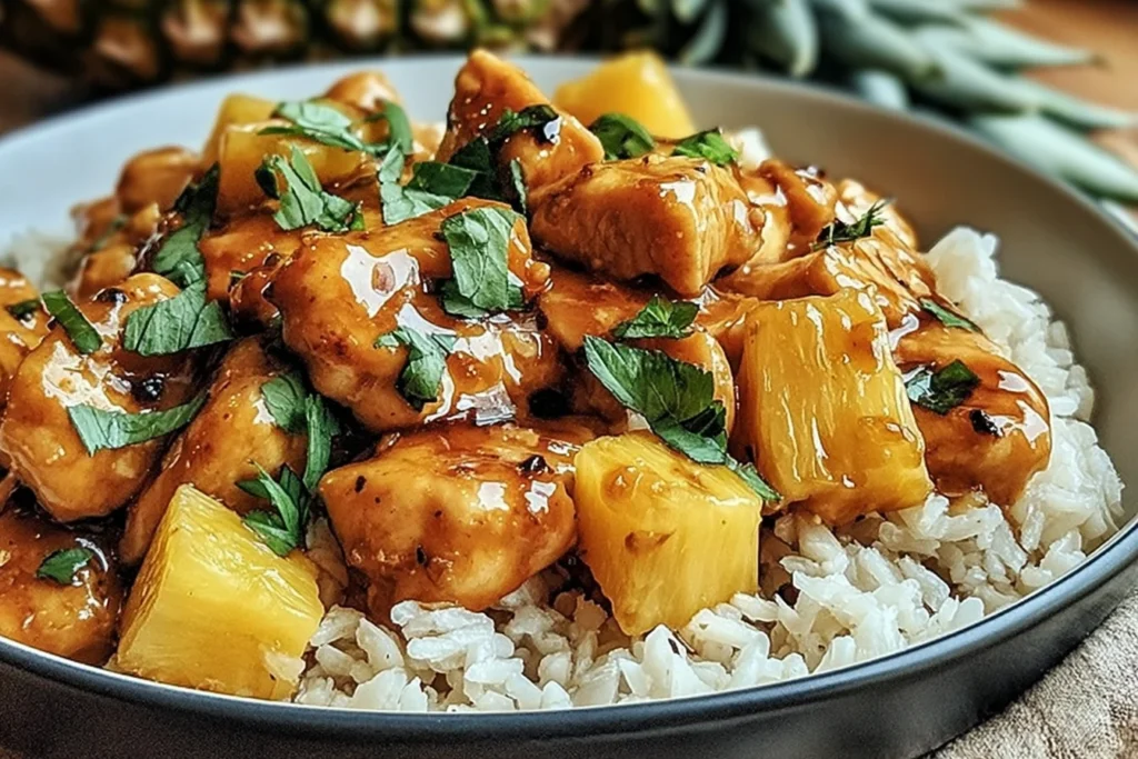 Pineapple Chicken and Rice served in a bowl with tender chicken, juicy pineapple chunks, glossy sweet-savory sauce, and fluffy white rice
