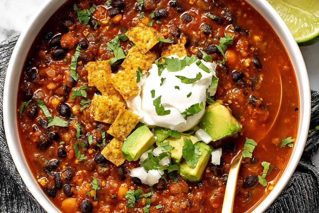 Vegan Chili Recipe with Black Beans in a bowl topped with avocado chunks, tortilla strips, cilantro, diced onion, and a dollop of vegan sour cream.