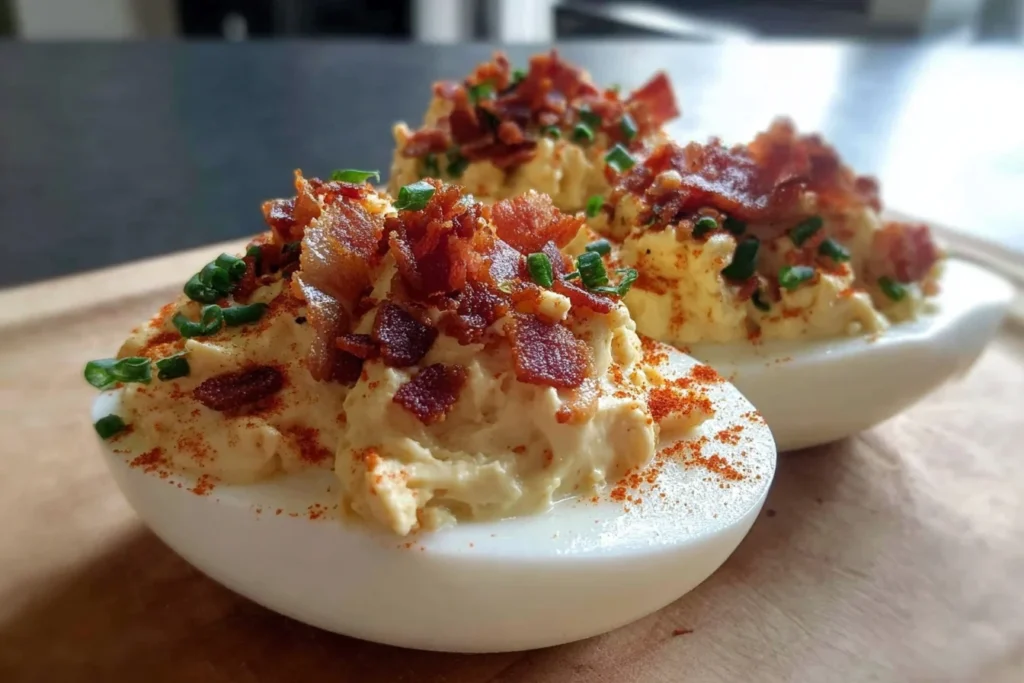 Close-up of creamy Million Dollar Bacon Deviled Eggs topped with crispy bacon, smoked paprika, and fresh chives on a wooden board.