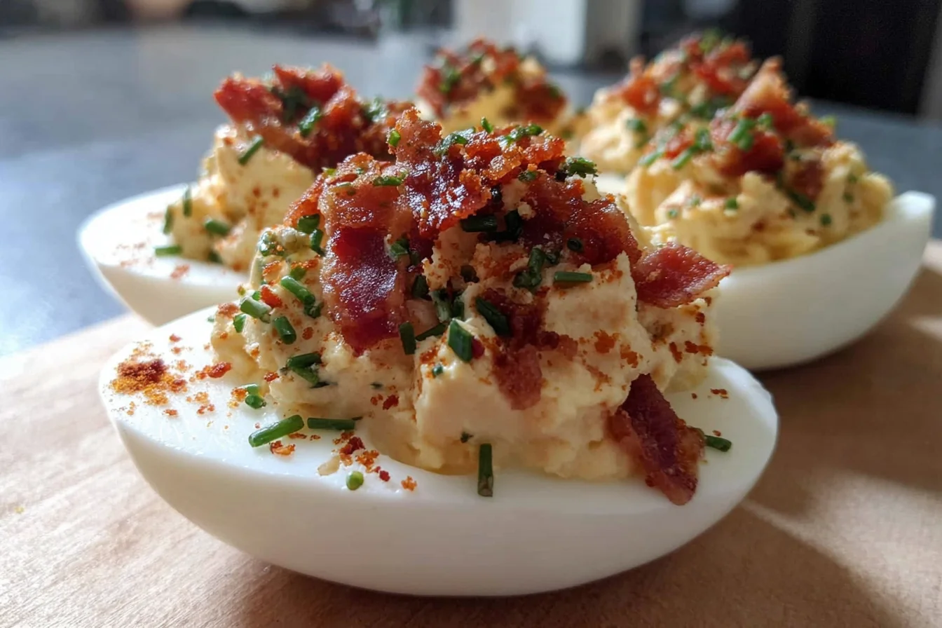 Close-up of Million Dollar Bacon Deviled Eggs topped with crispy bacon, smoked paprika, and fresh chives.