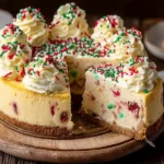 A whole Sugar Cookie Cheesecake decorated with whipped cream swirls and festive red and green sprinkles, with one slice removed.