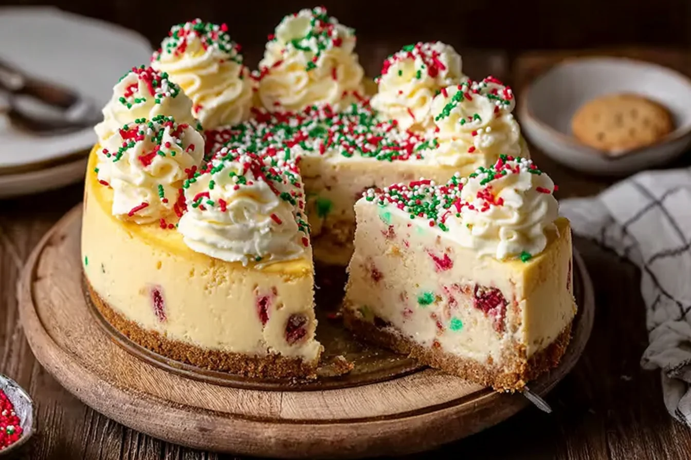 A whole Sugar Cookie Cheesecake decorated with whipped cream swirls and festive red and green sprinkles, with one slice removed.