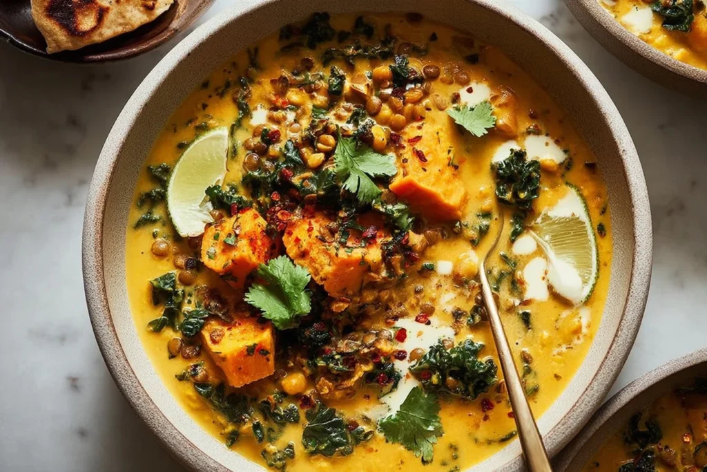 Close-up bowl of Ginger sweet potato and coconut milk stew with lentils, kale, lime wedges, cilantro, and a creamy coconut swirl.