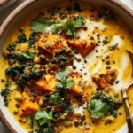 Bowl of Ginger sweet potato and coconut milk stew with lentils, kale, coconut swirl, cilantro, and chili flakes.