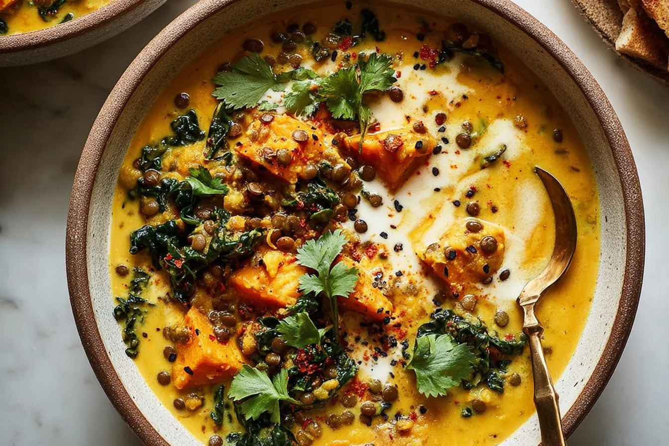 Bowl of Ginger sweet potato and coconut milk stew with lentils, kale, coconut swirl, cilantro, and chili flakes.