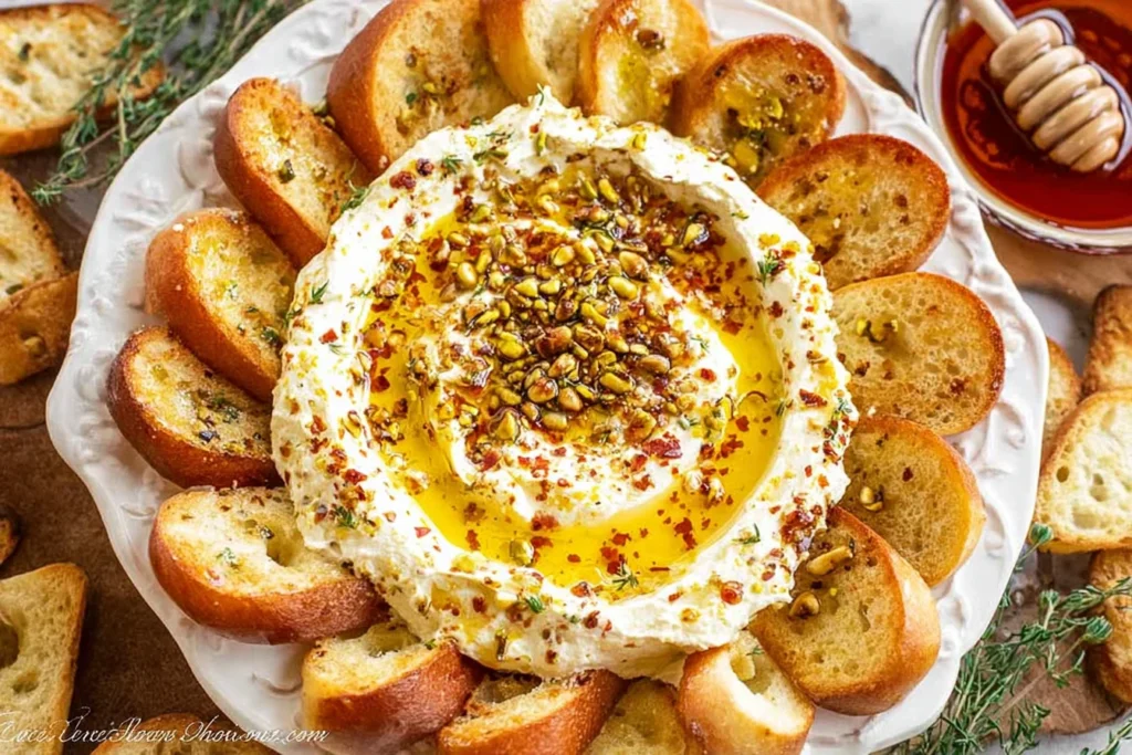 Whipped Feta and Honey dip topped with pistachios and hot honey, served with toasted baguette slices on a white platter