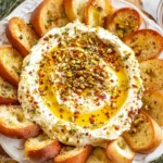 Whipped Feta and Honey dip topped with pistachios and hot honey, served with toasted baguette slices on a white platter