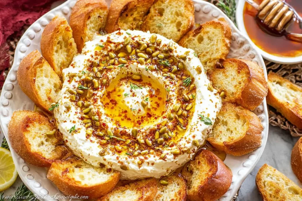 Whipped Feta and Honey dip with hot honey drizzle, pistachios, herbs, and toasted baguette slices arranged on a serving platter