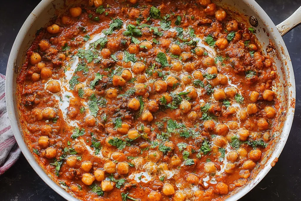 One Pan Harissa Chickpeas simmering in a rich, creamy tomato and coconut sauce, finished with fresh herbs in a skillet