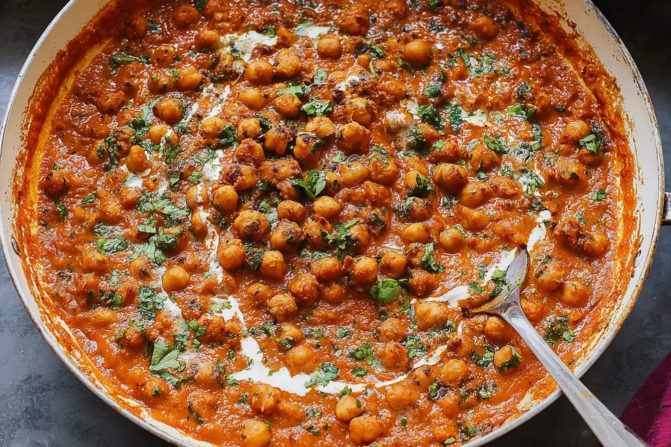 One Pan Harissa Chickpeas simmered in a creamy, spicy tomato sauce with coconut milk, garnished with fresh herbs in a skillet