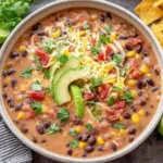 Bowl of Decadent Lentil Tortilla Soup topped with avocado, cilantro, shredded cheese, and tomatoes, served with tortilla chips and lime.