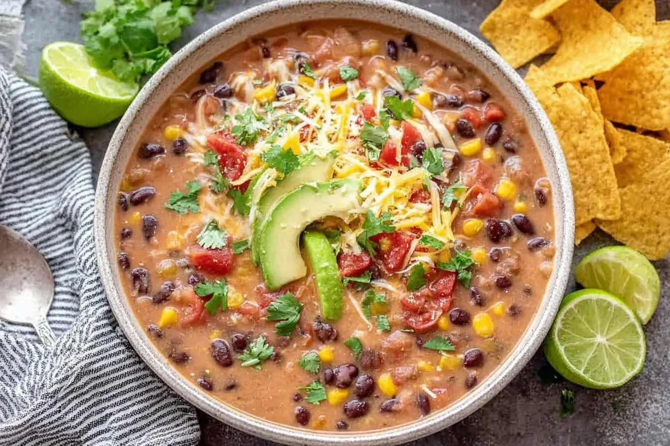 Bowl of Decadent Lentil Tortilla Soup topped with avocado, cilantro, shredded cheese, and tomatoes, served with tortilla chips and lime.