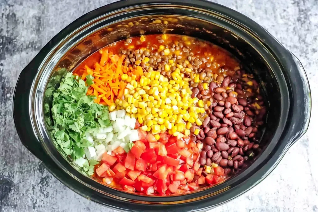 Overhead view of crockpot ingredients for Decadent Lentil Tortilla Soup—lentils, beans, corn, tomatoes, onion, cilantro, and carrots before cooking.