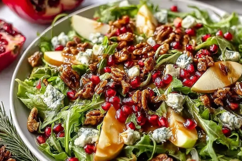 Winter Christmas Salad with pomegranate seeds, candied nuts, pears, and blue cheese drizzled with dressing in a festive holiday setting.